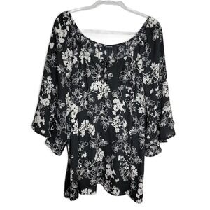 Torrid Womens Plus Size 3X 4X Black White Floral Bell Sleeve Off Shoulder Top
